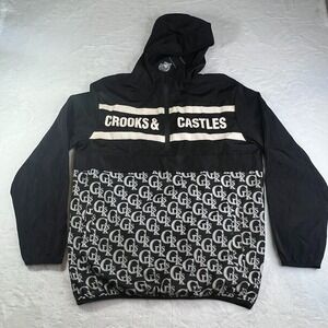 Crooks and Castles Men's Medium Black Jacket Windbreaker Hooded 1/2 Zip White